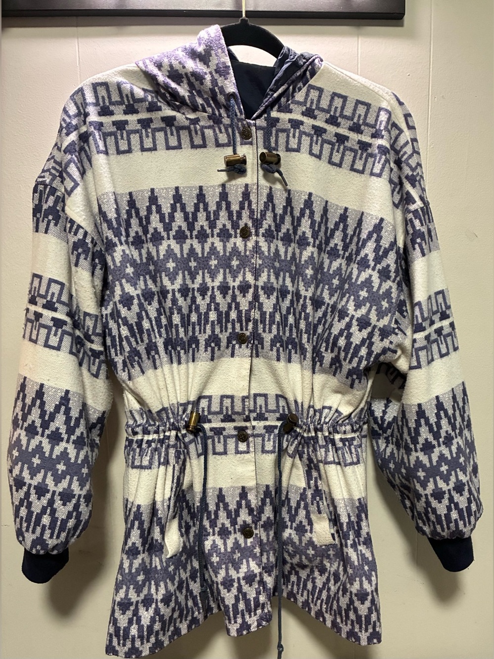 daniel Reversible Hooded Jacket Blue/White Geometric Pockets One Size vtg